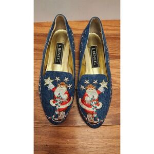 J Renee Santa Holiday Ballet Flats Women's 7 M Blue‎ Embroidered Slip On Vintage